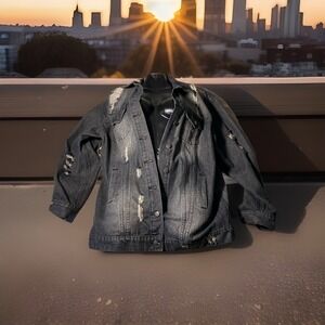 Easel Black Washed Distressed Denim Jacket Jean Front Oversized Size L Rock